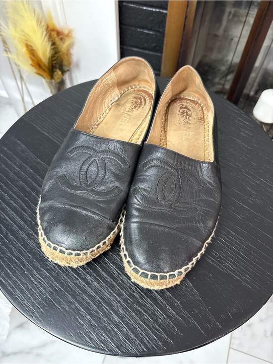 CHANEL Shoes - CHANEL Black Leather Espadrilles with CC Logo